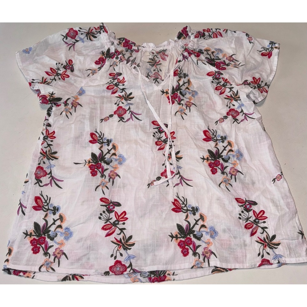 Dylan Women White Cotton Gauze Floral Embroidered Peasant Blouse Small